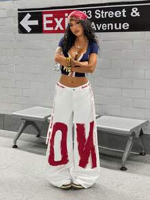 StreetHx Women's Letter Print Pocket Wide Leg Loose Casual Jeans - White - View 4