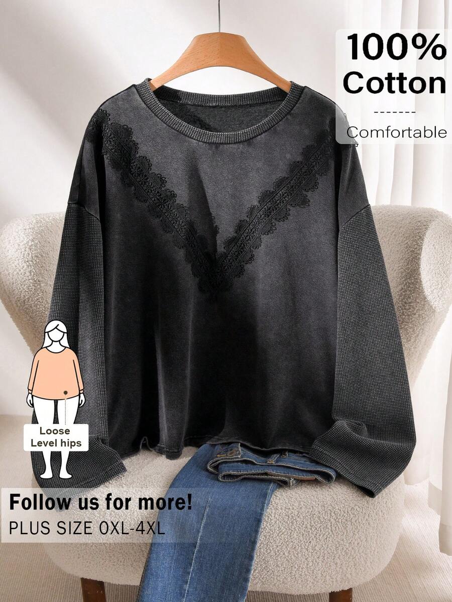 CosyJoli Áo thun nữ cỡ lớn, áo thun ren, áo nữ phong cách đường phố thường ngày, trang phục nữ thường ngày, áo thun đen họa tiết bông tuyết, áo thun dệt kim tổ ong - màu đen - Xem 1