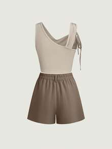 GlowEve 2pcs Set: Asymmetric Tie-Up Ruched Camisole Top And Shorts, Spring/Summer - Multicolor - View 3
