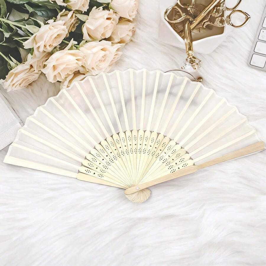 10/5/2/1 件装丝绸扇子装饰素色布扇婚礼礼物折叠竹扇 DIY 桌面悬挂装饰 - 米色 - 查看 1