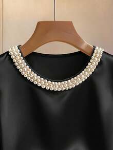 Franclia Summer New Fashion Sweet Design Beaded Round Neck Short Sleeve Casual Puff Sleeve Women Blouse - Black - View 5