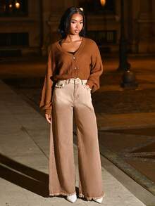 Mima John Solid Button Front Ribbed Knit Cardigan,Long Sleeve Tops,Knitted Sweater In Fall/Winter - Camel - View 6