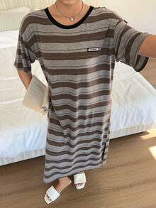 Dazy Plus Plus Size Women's Letter & Striped Pattern Round Neck Short Sleeve Casual Nightgown Pajamas - Brown - View 5