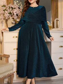 Modelyn Đầm chữ A cổ tròn tay dài viền chỉ vàng và bạc thanh lịch cỡ lớn, phù hợp cho mùa xuân và mùa thu - Màu xanh lam - Xem 3