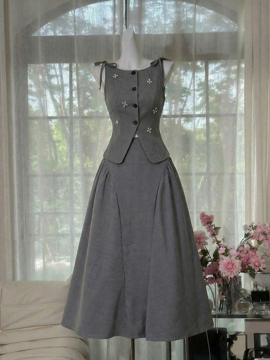 SHEIN MOD 女款灰色冬季優雅茶會裙,百搭通勤純色抓褶長裙,學院風商務休閒傘裙 - 灰色 - 查看 1