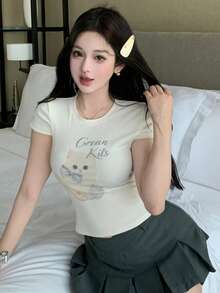 DAZY Women's Casual Cat Print Short Sleeve T-Shirt, Summer - White - View 7