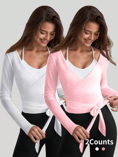Velisys 2PCS Women's Textured Lightweight V-Neck Long Sleeve Adjustable Tie Wrap Top, Casual Sports Tee For Daily Wear Women's Yoga Tops Women's Long Sleeve Workout Tops Gym Shirts For Women Sexy Gym Criss Cross Women Tops Criss Cross Long Sleeve Top Gym Shirt Women's Long Sleeve Gym Tops For Women Women's Yoga Tops Long Sleeve Activewear Wrap Top Long Sleeve