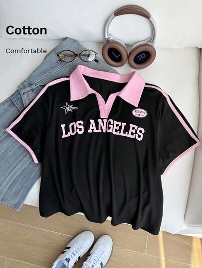 Comfortcana 复古撞色印花翻领修身休闲大码T恤，适合返校季街头穿搭、春夏穿着