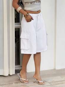 Sunnyshic 女士休闲百搭纯色牛仔短裤 - 白色 - 查看 7