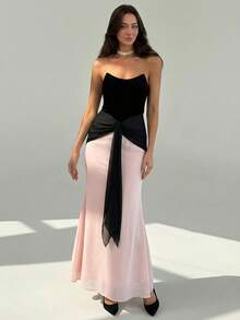 Aloruh Women's Black & Pink Lace-Up Bandeau Fishtail Dress - Black - View 1