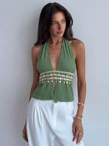 Aloruh Áo tank top nữ gợi cảm cổ yếm hở lưng với viền vỏ sò và thiết kế phối eo. - màu xanh lá - Xem 7