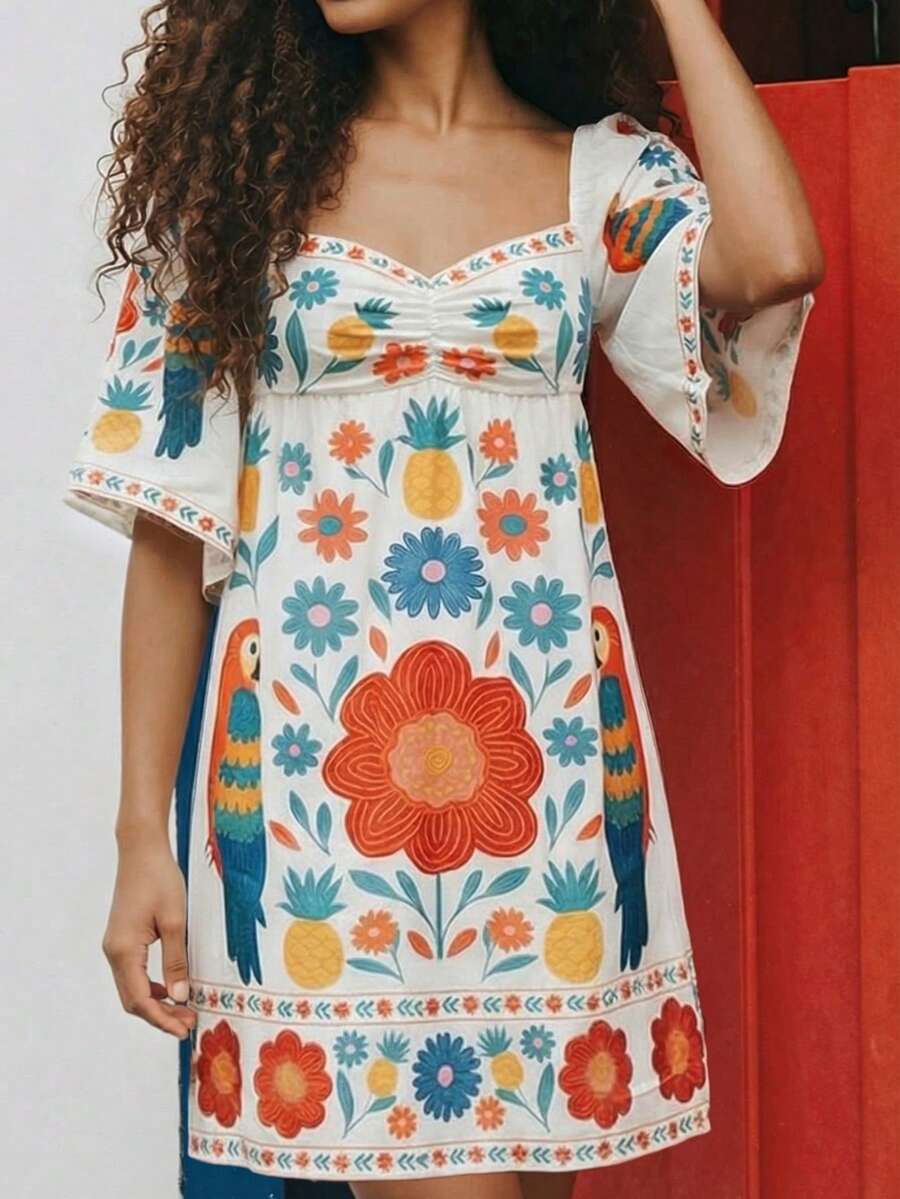 CAJUNI Sweetheart Neck Floral Print Ruffle Casual Vacation Dress - Beige - View 1