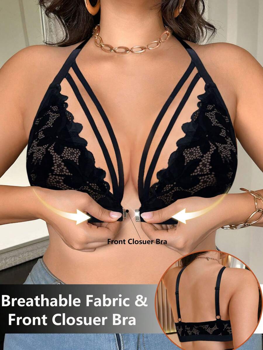 SHEIN 1 pieza Sujetador inalámbrico de encaje con cierre delantero para tallas grandes - Negro - Ver 1