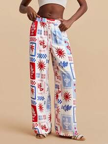 Travachic Pantalones anchos con bolsillos en diagonal con estampado de palmeras para mujer, ideales para vacaciones, primavera y verano, para usar en la playa, vacaciones de primavera - Multicolor - Ver 5
