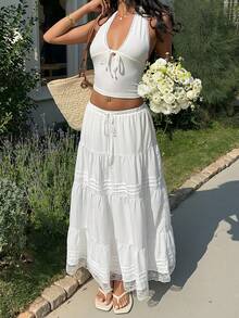 SHEIN EZwear Vacation Casual White Lace Patchwork Woven Skirt - White - View 4