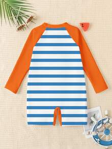 SHEIN Young Boy Casual Slim Fit Round Neck Long Sleeve One-Piece Swimsuit, Suitable For Summer - Multicolor - View 3