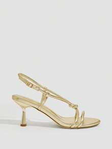 CUCCOO SZL 女士圆头细跟网眼蝴蝶结高跟凉鞋 - 金色 - 查看 3