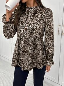 SHEIN LUNE 女士休闲豹纹荷叶边长袖衬衫 - 卡其色 - 查看 5