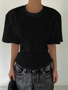 Strévra 女式夏季纯色圆领短袖休闲 T 恤，背部有褶饰 Y2k