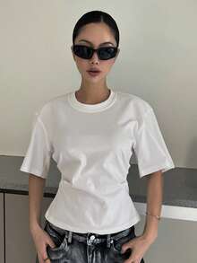 DAZY 女士夏季纯色圆领腰部抽绳休闲 T 恤 Y2k - 白色 - 查看 7