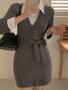 DAZY Women's Collared Tie-Waist Sweater Dress - Grey - View 10