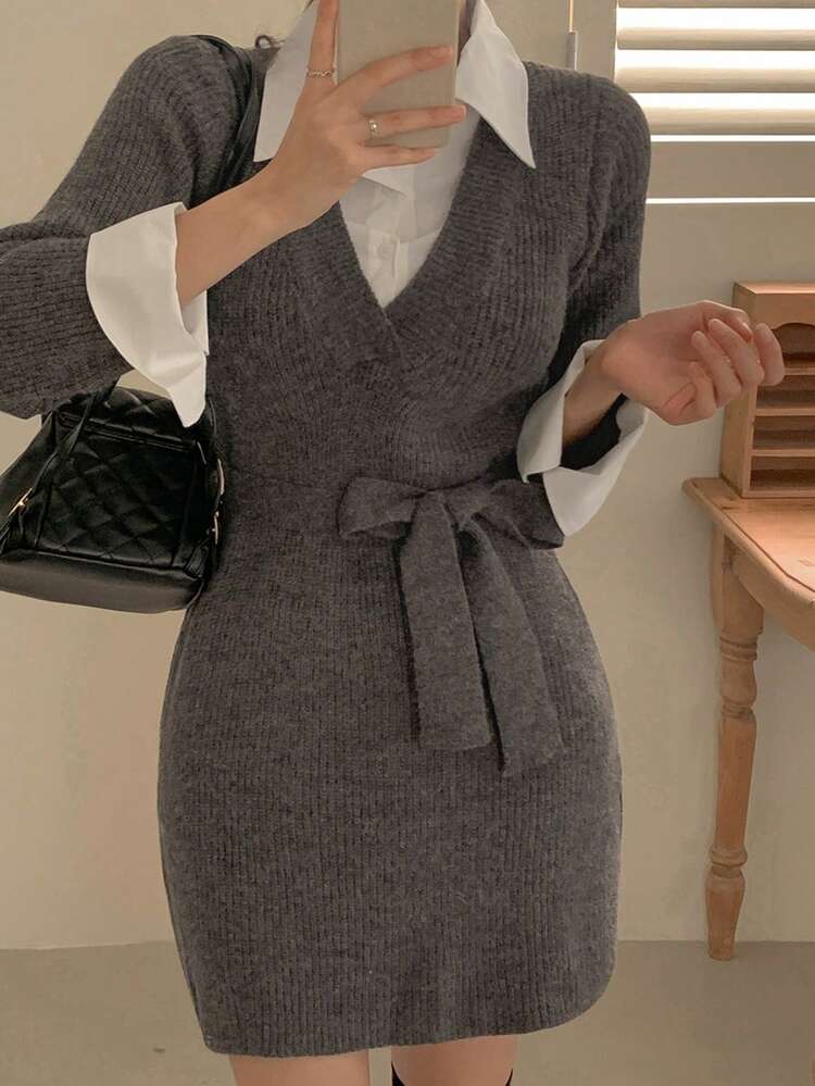 Women's Collared Tie-Waist Sweater Dress