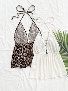 Soleia 两件套度假性感豹纹吊带V领露背系带纹理面料红色吊带背心，适合假日、约会、下午茶、度假、音乐节、波西米亚风等场合。 - 彩色 - 查看 2