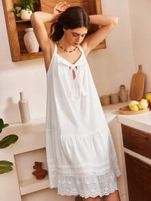Lullawish 波西米亚风度假蝴蝶刺绣提花荷叶边连衣裙，女士无袖家居服 - 白色 - 查看 6