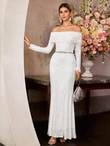 MOTF Soiréza VESTIDO FORMAL LARGO DE MUJER CON HOMBROS DESCUBIERTOS, ENCAJE ELÁSTICO, BORDADO Y CUENTAS - Blanco - Ver 2