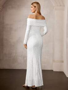 MOTF Soiréza VESTIDO FORMAL LARGO DE MUJER CON HOMBROS DESCUBIERTOS, ENCAJE ELÁSTICO, BORDADO Y CUENTAS - Blanco - Ver 4