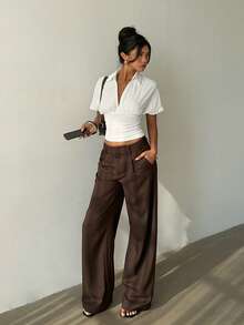 Aloruh 女士春夏立领V领纯白色修身短袖衬衫 - 白色 - 查看 6