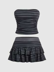 ROMWE Grunge Punk Y2K Sexy Camouflage Allover Print Cropped Tube Top And Mini Skirt 2 Pieces Set - Multicolor - View 1