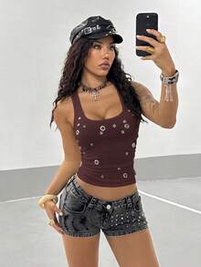 StreetHx Women's Punk Studded Cropped Fitted Tank Top - Purple - View 4