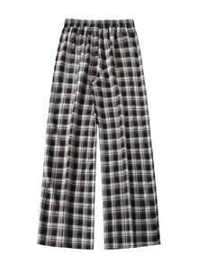 GlowEve Women's Plaid Wide Leg Pants, Elastic Waist Relaxed Fit High-Rise Casual Straight Trousers, Spring/Summer - Black and White - View 2