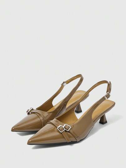 Mnmlis Bombas de tacón de gatito de punta afilada con correa trasera de cuero patentado para primavera/otoño, color rojo vino para Navidad