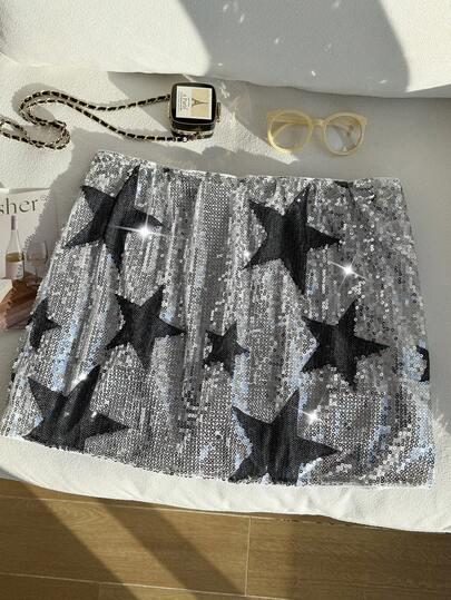 Comfortcana Gonna di moda con paillettes e decorazione a stelle, taglia curvy, adatta per l'estate e San Valentino