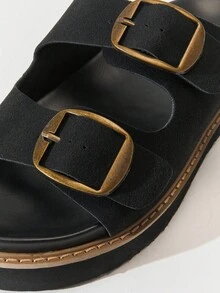 SHUZIA Women's Comfort Minimalist Buckled Double Band Flat Slip-On Sandals - Black - View 7