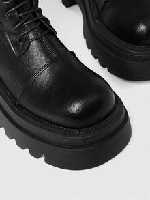 ROMWE Grunge Punk Women's Thick Sole Riding Boots, 2025 Autumn New Fashion Dark Gothic PU Round Toe High Shaft Lace-Up Slim Fit Over-The-Knee Boots, Versatile Dress Boots - Black - View 2