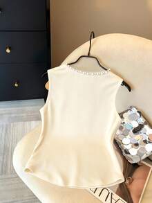 EMERY ROSE 2025 Nueva Camiseta de Punto sin Mangas con Decoración de Cuentas Estilo Burbuja para Otoño/Invierno - Albaricoque - Ver 2