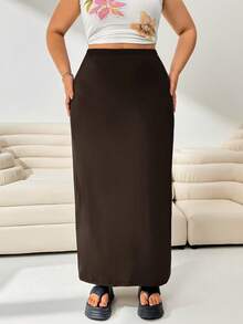 Solflare Falda elegante de punto de color marrón chocolate de talla grande - Marrón Chocolate - Ver 3