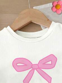 2pcs/Set Baby Girl Cute Pink And White Bow Decor Striped Round Neck T-Shirt And Shorts,Summer Family Matching Outfit,Casual Soft Clothes For Travel - 彩色 - 查看 4