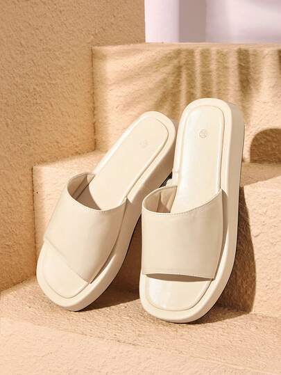 HighSole Women's Slip-On Sandals, Minimalist Strap Design, Square Toe, Platform Thick Sole, Leg Lengthening, Apricot Color, Soft & Comfortable, Non-Slip, Suitable For Daily, Commuting, Shopping, Beach, Vacation, Versatile Summer Outfit
