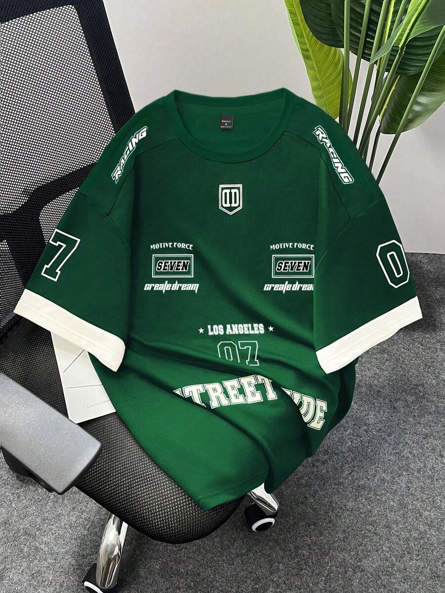 Claim Dot Áo thun nam dáng rộng, phong cách thường ngày, thể thao đường phố, in chữ và số, thích hợp cho mùa hè. - màu xanh lá - Xem 1