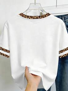 EMERY ROSE Women's Retro Letter, Leopard Print Color Blocked Round Neck Short Sleeved Comfortable T-Shirt, Suitable For Daily Wear - Dark Grey - View 2