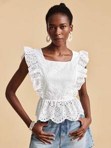 Travachic 2026 New Spring To Summer Vacation Embroidered Ruffle Trim Square Neck Tie Front Backless Sleeveless Crop Top Boho Floral Striped Square  Lace Eyelet - White - View 6