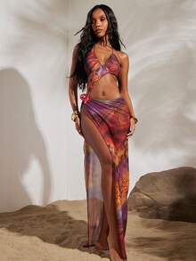 Opulessa Spring & Summer Vacation Beach Sexy Knitted Mesh Printed Slit Dress For Women - Multicolor - View 5