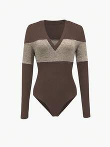 Selianne Áo liền thân cổ chữ V phối màu đen xám dành cho nữ - Cà phê nâu - Xem 3