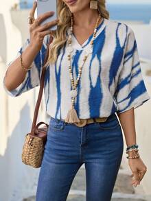 SHEIN Holidaya V-Neck Loose Casual Vacation Blouse For Women - Blue - View 7