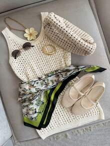 GlowEve Yellow Hollow Knit Camisole Dress For Women, Spring/Summer, Layerable Mid-Length Cover Up Knit Top - Yellow - View 1