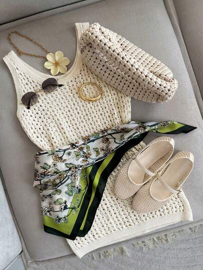 GlowEve Yellow Hollow Knit Camisole Dress For Women, Spring/Summer, Layerable Mid-Length Cover Up Knit Top